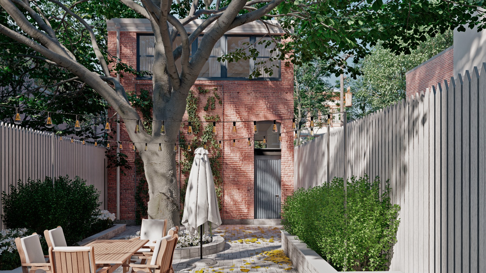 New Garage and ADU — rendering of the garden and the new garage and apartment