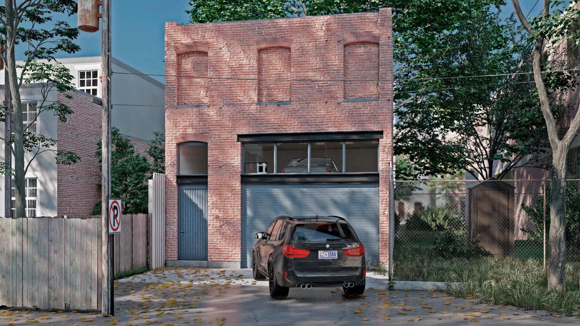 New Garage and ADU — rendering of the new brick garage and apartment on the alley