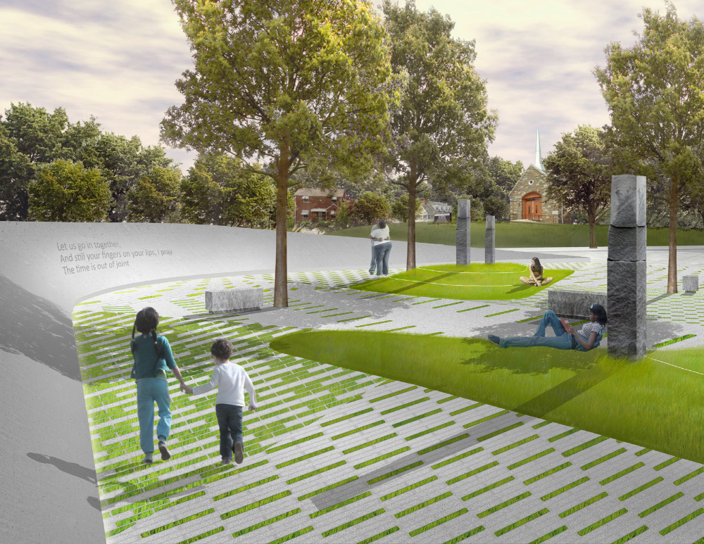 Rendering — the grove and paving field, stones and trees with visitors