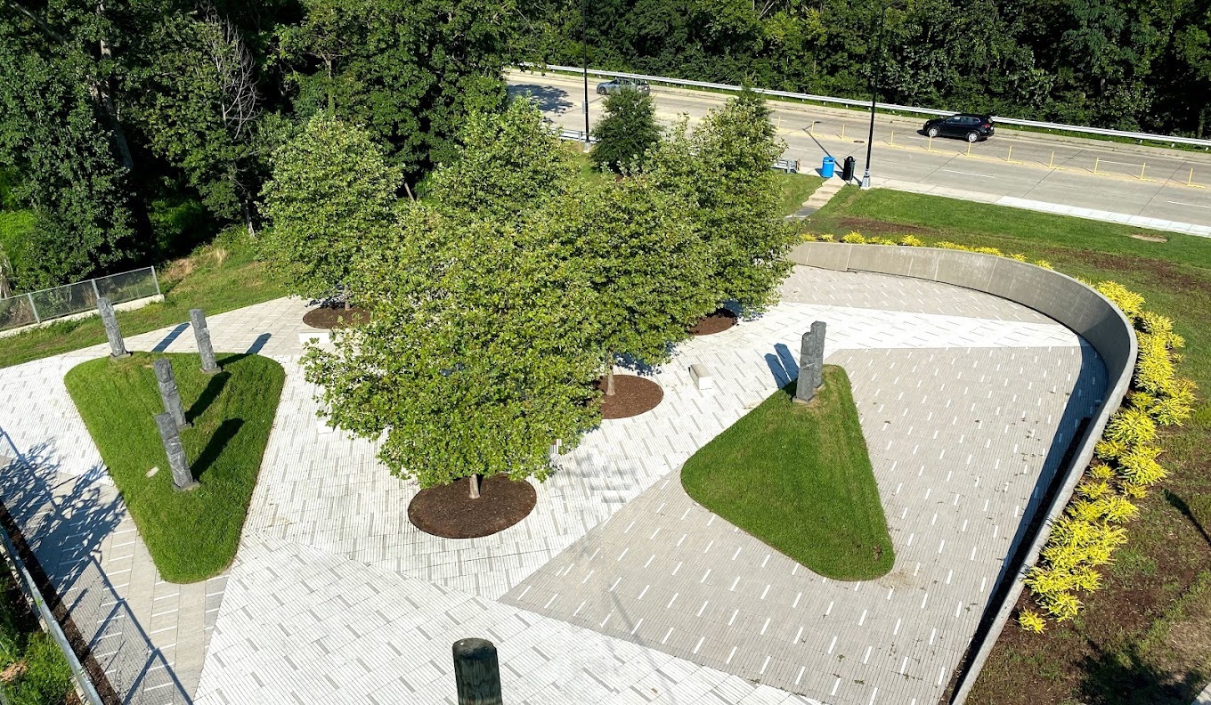 Legacy Memorial Park from above — the grove, granite stones and paving field