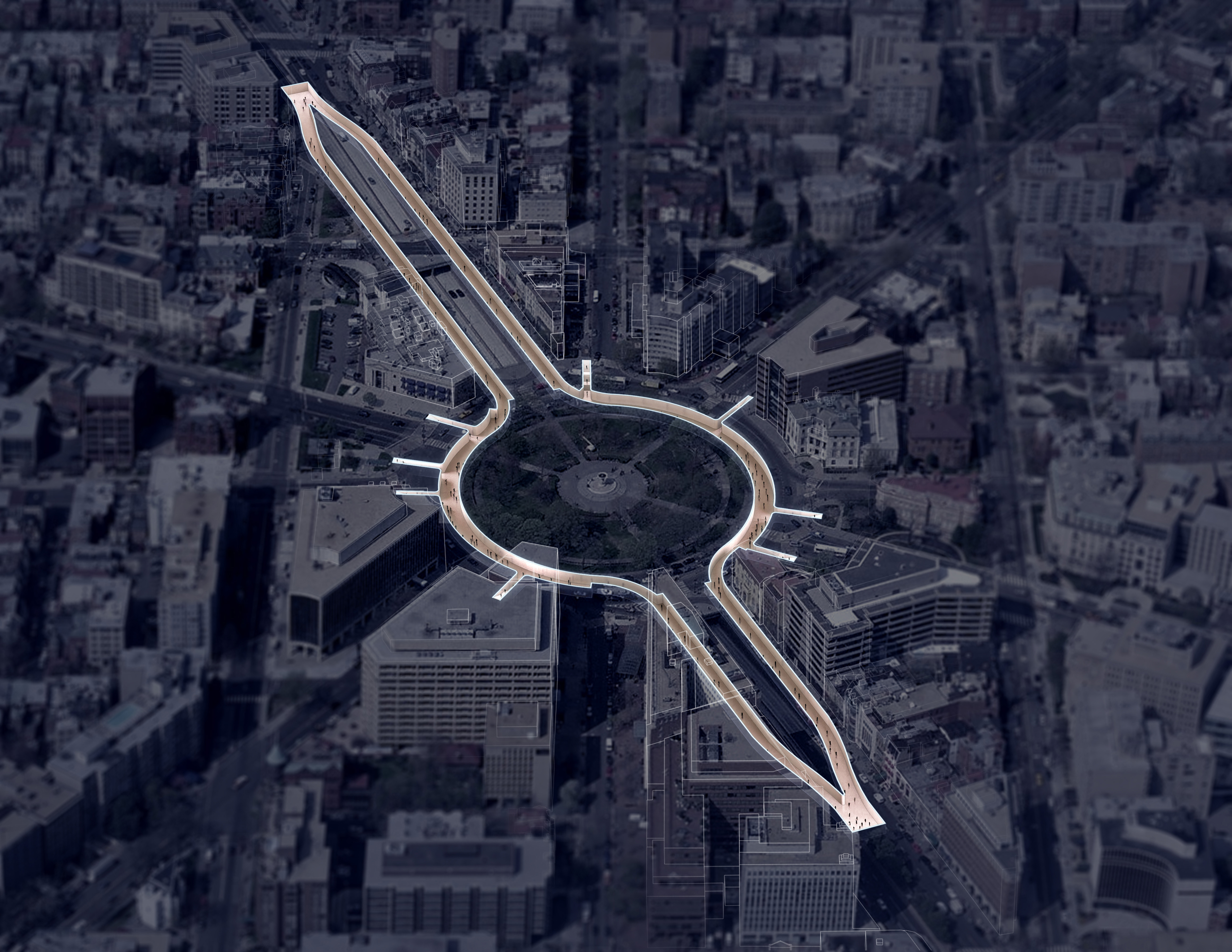 Aerial overlay showing the extent of the Dupont Underground beneath Dupont Circle